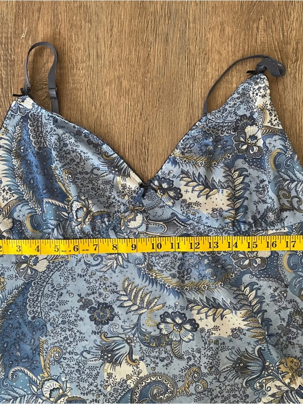 Vintage Blue Floral Satin Slip Chemise with Navy Straps - Picture 10 of 11